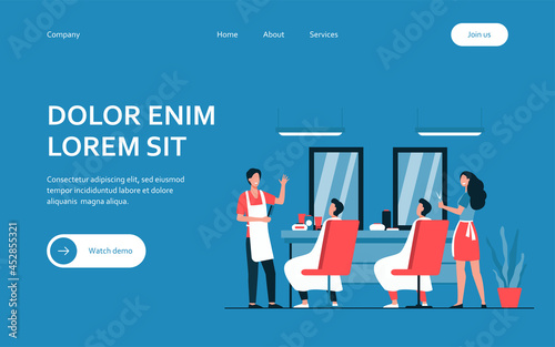 Man sitting in chair in barbershop isolated flat vector illustration. Cartoon hairdressers making haircut for clients. Hairdressing salon and fashion concept