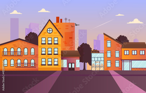 Urban landscape concept. Facades of houses with storefronts and balconies. Wide street with apartments and cottages. Cartoon modern flat vector illustration isolated for banners and posters. © Rudzhan