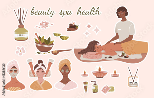 Spa center service set. Stickers with procedures. Massage, mask, aromatherapy and skin cleansing. Design elements for posters and banners. Cartoon flat vector collection isolated on pink background
