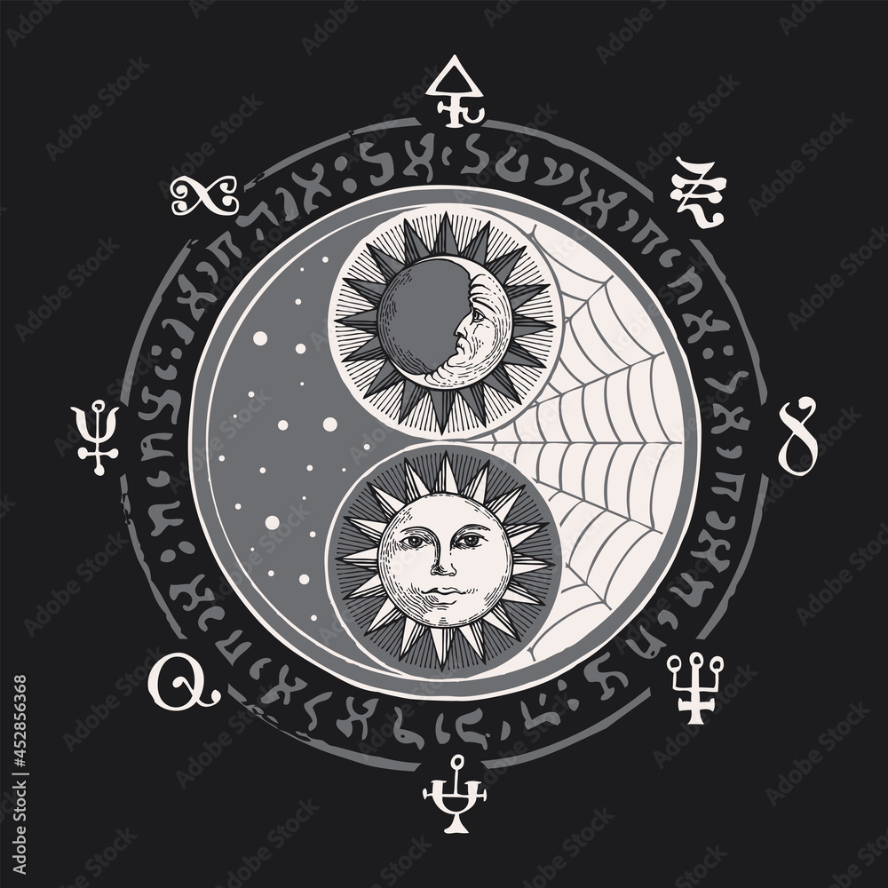 Vector yin yang symbol with sun, moon and magic signs, written in a ...