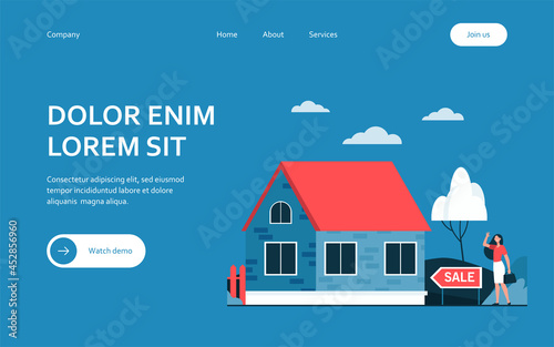 Happy woman standing near house for sale flat vector illustration. Cartoon real estate agent or home seller presenting cottage. Mortgage and building concept