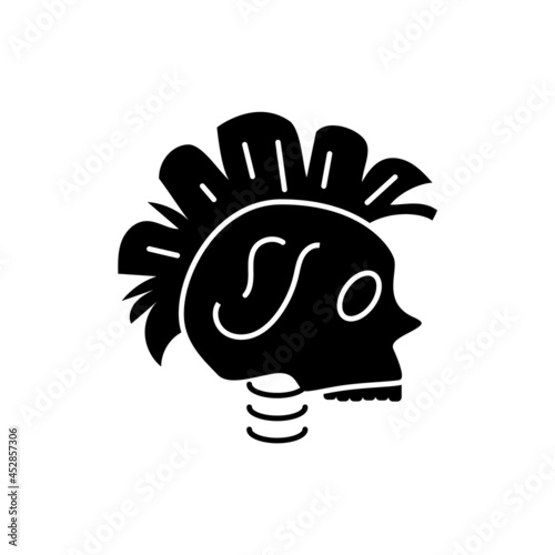 Cyberpunk head with mohawk glyph icon. Futuristic skull. Future with robot technology. Science fiction