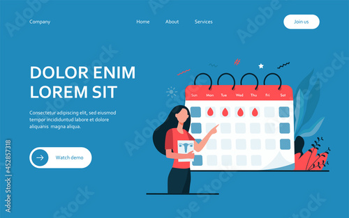 Woman checking menstruation calendar. Period, blood, lady flat illustration. Female health and organism concept for banner, website design or landing web page