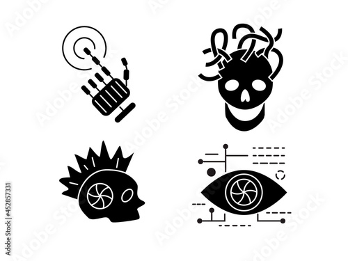 Cyberpunk glyph icons set. Futuristic skull with wires. Bio-robot gadgets. Bio mechanical arm