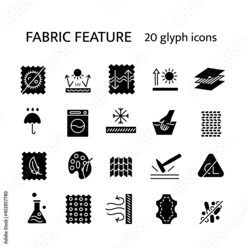 Fabric feature glyph icons set. Textile with reflective parts. Snowproof, breathable tissue. Fiber quality