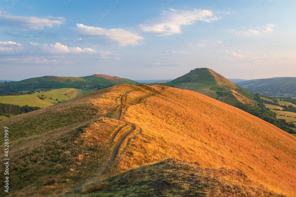 Golden hour on the Lawley ridge with the iconic hill of Caer Caradoc ahead, July Shropshire Hills West Midlands