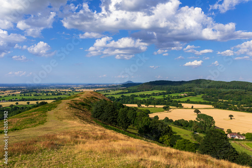 July evening eastward view along the Lawley ridge to the Wrekin on the Shropshire Hills West Midlands