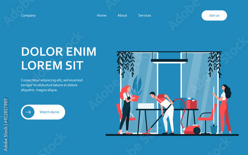 Team of professional janitors cleaning office. Vector illustration for cleaners job, cleaning service, hygiene at work concept