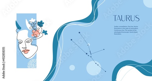 Zodiac background. Taurus constellation. The element of earth. Horizontal banner. One line.