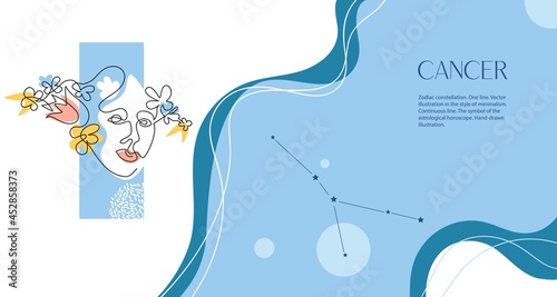 Zodiac background. Cancer constellation. The element of water. Horizontal banner. One line. Minimalistic graphics.