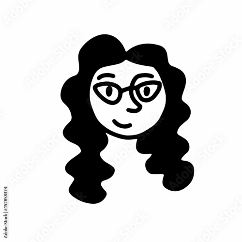 Doodle girl face. Hand-drawn outline human isolated on white background. Funny minimalistic Avatar. Cartoon curly woman with glasses. Female portrait. Hairstyle, positive emotions. Vector illustration