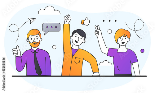 Teamwork and collaboration concept. Office workers take photo together. Men and women happy about completion of project. Business topics. Cartoon flat vector illustration isolated on white background
