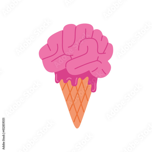 Scary melt brain ice cream  creepy halloween freeze. Fun trick or treat. Hand drawn design template for t-shirt print  invitation or celebration card. Vector isolated illustration on white background