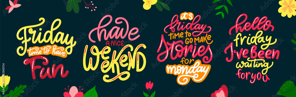 Set of Week days hand drawn calligraphic quotes. Brush lettering with flat flowers. Typography poster for your design. Vector illustration Set of Week days hand drawn calligraphic quotes. Brush lettering with flat flowers. Typography poster for your design. Vector illustration