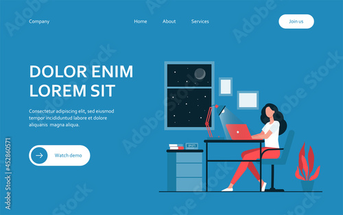 Female designer working late in room flat vector illustration. Cartoon student using laptop computer at night and sitting at desk. Home office and workplace concept