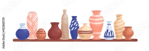 Pottery objects on shelf. Ceramic and porcelain flower vases, clay pots, and earthen vessels composition. Crockery and earthenware items. Flat cartoon vector illustration isolated on white background