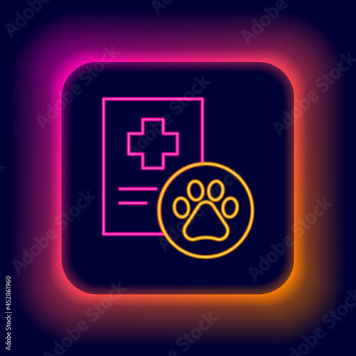 Glowing neon line Clipboard with medical clinical record pet icon isolated on black background. Health insurance form. Medical check marks report. Colorful outline concept. Vector