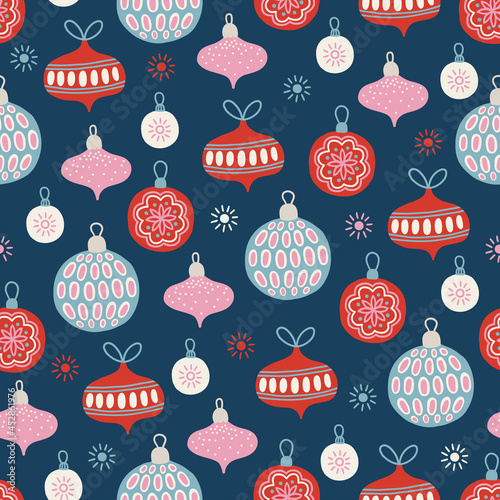 Christmas seamless pattern with balls, baubles, snowflakes and sparkles