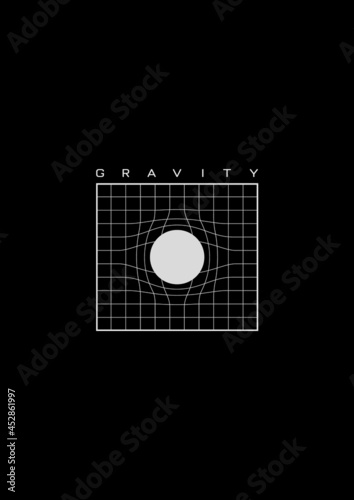 Gravity t-shirt and apparel design with grid distorted around the white circle in the center. Illustration of the 1980s space aesthetics. Black and white print. Vector