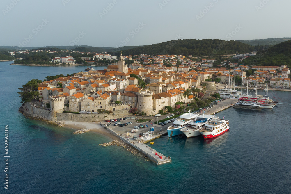 Aerial drone view of Korcula historical old town, Dalmatia, Croatia.