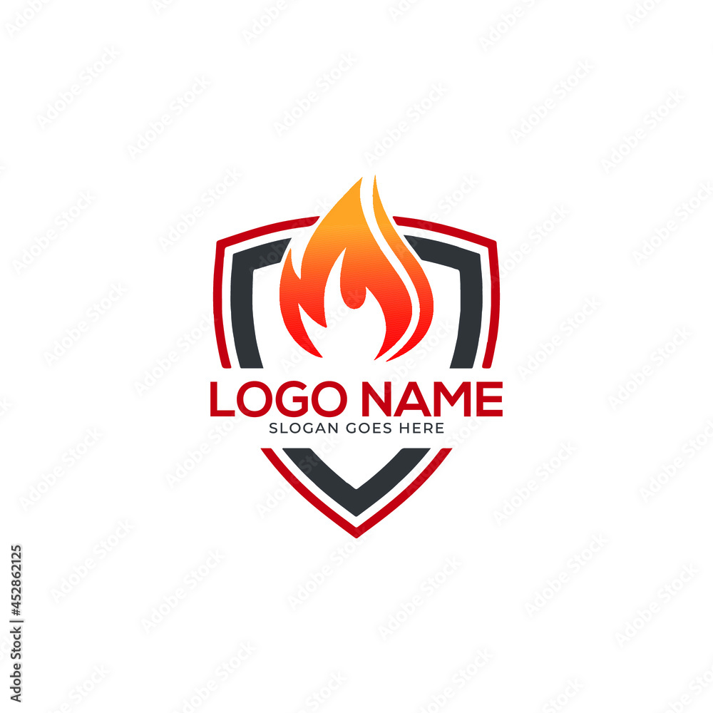 Fire protection Logo with shield and flame vector Icon Stock Vector