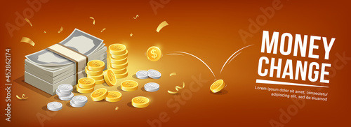 Banknote silver coins and gold coins bounce concept banner design, on orange background, Eps 10 vector illustration photo