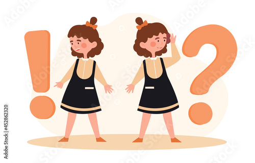 Girl looking for an answer. Child is puzzled, he cannot solve some problem. Search for information. Baby learns world. Selfstudy. Cartoon flat vector illustration isolated on beige background photo