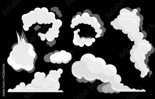 Cloud of smoke. Graphic elements for website. Unusual figures from cigarette smoke. Abstract patterns. Decorations for vector drawings. Cartoon vector illustration isolated on black background