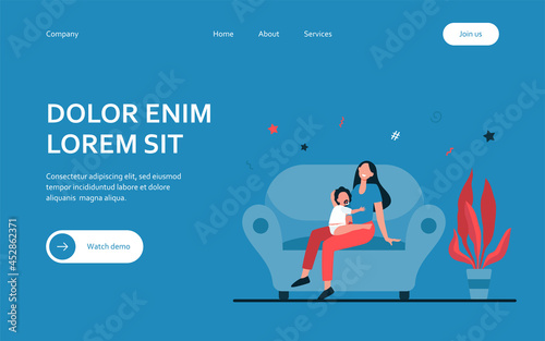 New mom holding kid on lap. Mother and toddler with pacifier sitting on couch at home flat vector illustration. Motherhood, maternity leave concept for banner, website design or landing web page