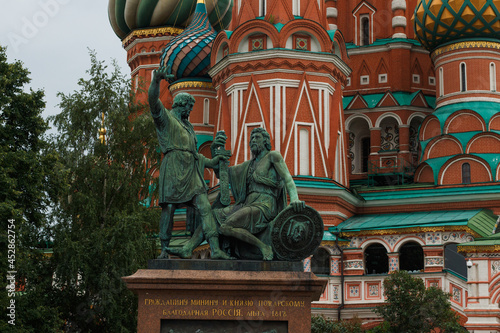 Moscow, Russia. Monument to Minin and Pozharsky near st.Basil's catherdral photo
