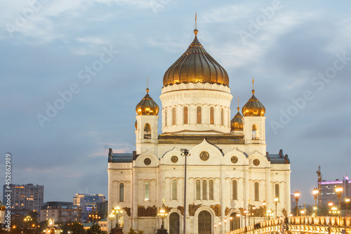 Moscow, Russia. Cathedral of Christ the Saviour. View from pedestrian bridge. Evening, backlighting