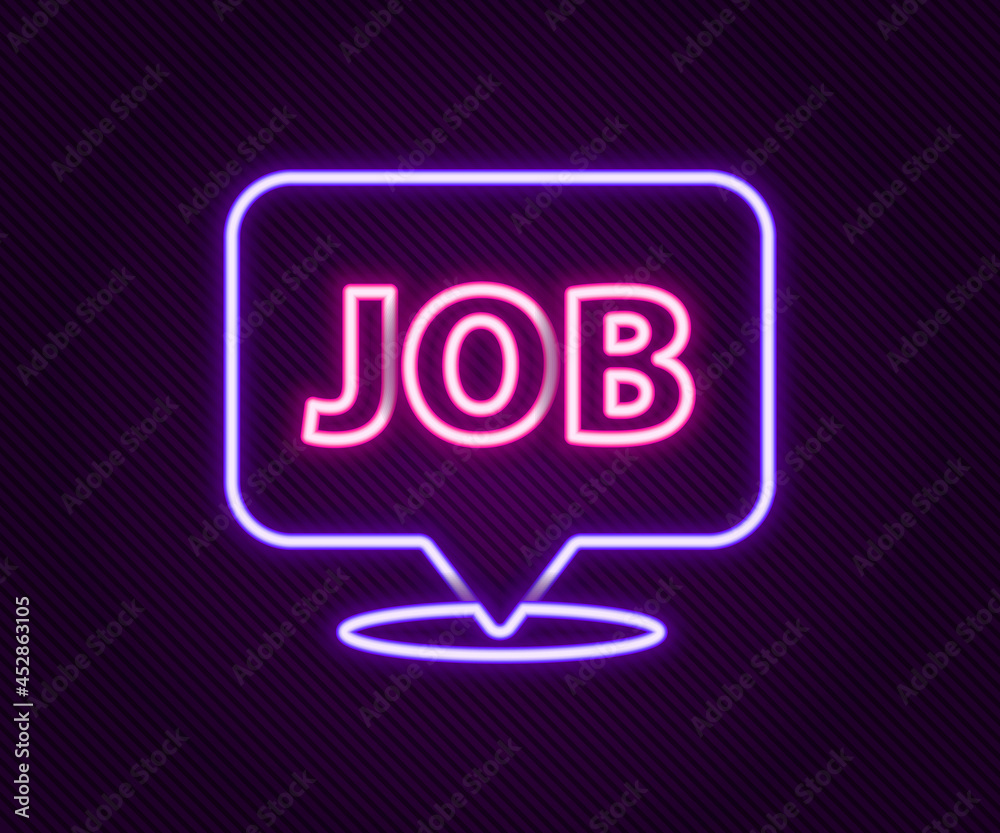 Glowing neon line Speech bubble with job icon isolated on black background. Recruitment or selection concept. Search for employees and job. Colorful outline concept. Vector Glowing neon line Speech bubble with job icon isolated on black background. Recruitment or selection concept. Search for employees and job. Colorful outline concept. Vector