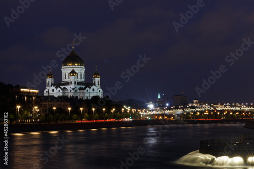 Moscow, Russia. Night view of Moscow river near Cathedral of Christ the Saviour. Patriarshy Bridge