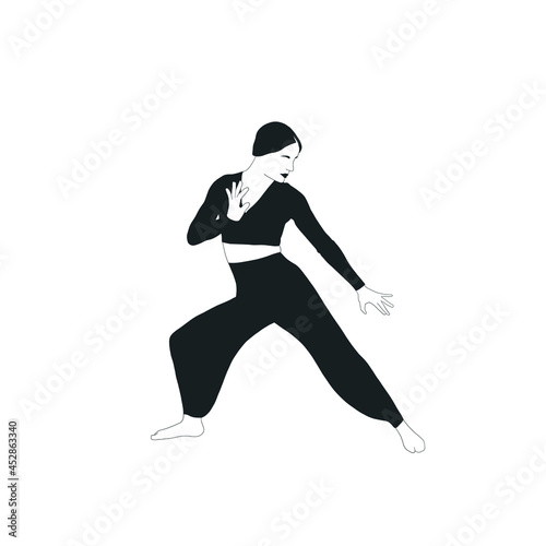 Woman practices yoga pose. Beautiful esoteric woman silhouette practicing asana. Hand drawn Black and white female character isolated on white background. 