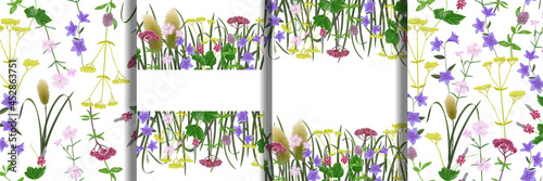 Seamless patterns and borders set with seven herbs