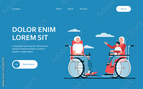 Old people in wheelchair holding kid and talking. Retirement, child, grandparent flat vector illustration. Generation and communication concept for banner, website design or landing web page
