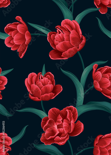 Seamless pattern of Tulip flowers background template. Vector set of floral element for tropical print  wedding invitations  greeting card  brochure  banners and fashion design.