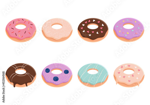 Vector illustration of a set of delicious donuts in colored glaze on a white background. Food concept. Design for menu, cafe decorations, delivery box.