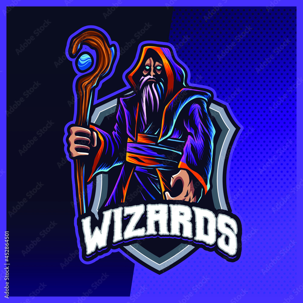Dark Wizard Magician mascot esport logo design illustrations vector template, Witch ,Magician wand logo for team game streamer youtuber banner twitch discord, full color cartoon style