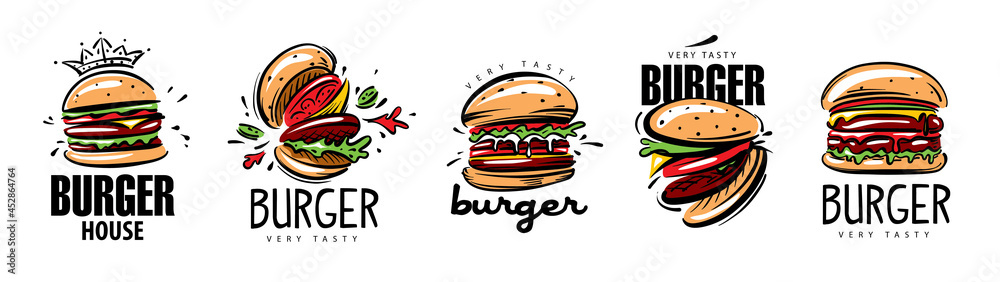 Hand drawn set of vector burger logos on white background