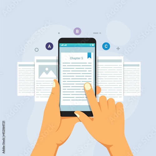 Hand holding smartphone reading ebook with ebook reader