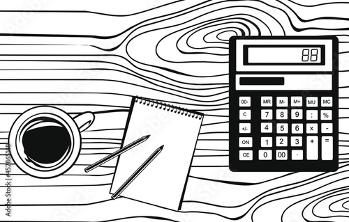 work desk with a calculator, coffee, pencils, and notebook