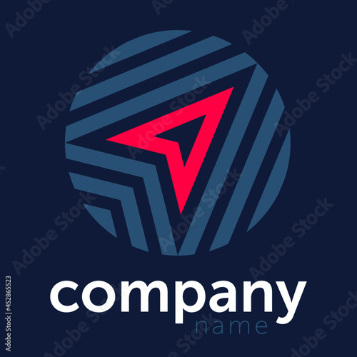 Determined, successful, suggestive of a positive vision, pointing upwards, simbolic delta airplane shaped stylized arrow with geometric striped solution arranged in a circle. For corporate identity