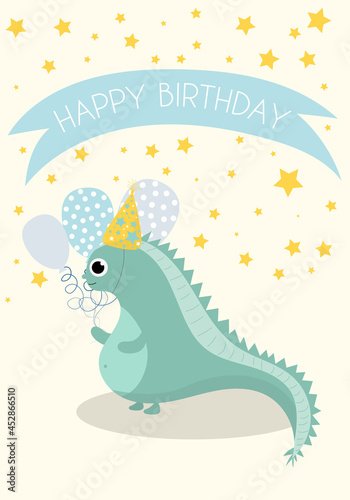 Hand-drawn festive dinosaur with balloons in a party hat. Birthday card for a boy or a girl. Cute character. Vertical greeting card for children. Vector illustration in a flat style.