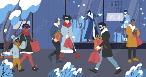 People walk with shopping bags at Christmas sales. Pre-holiday discount in winter. Men and women buy gifts. Flat vector illustration