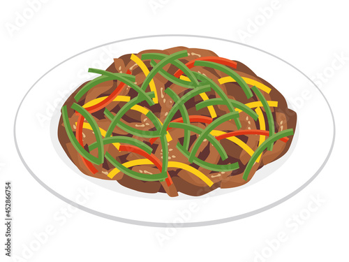 中華料理 青椒肉絲 shredded beef with green peppers vector illustration