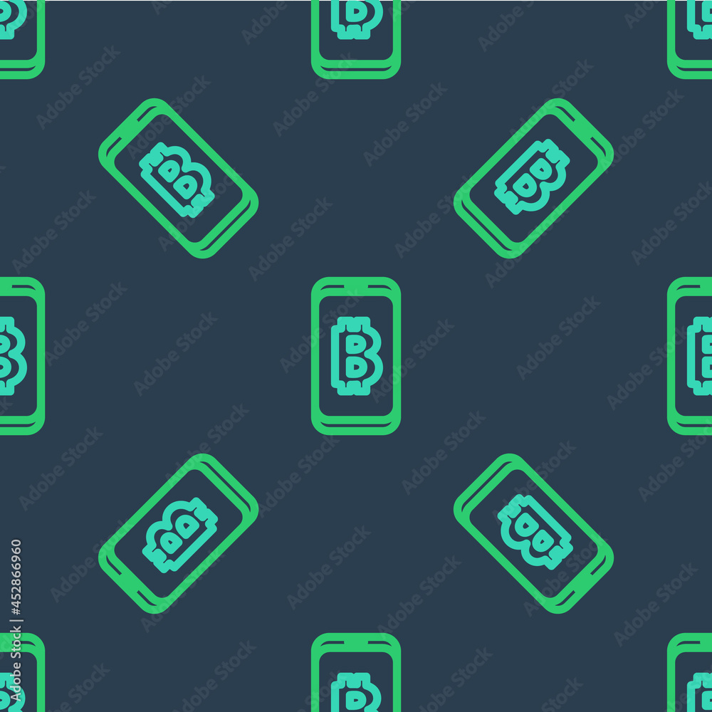 Line Mining bitcoin from mobile icon isolated seamless pattern on blue background. Cryptocurrency mining, blockchain technology service. Vector Line Mining bitcoin from mobile icon isolated seamless pattern on blue background. Cryptocurrency mining, blockchain technology service. Vector