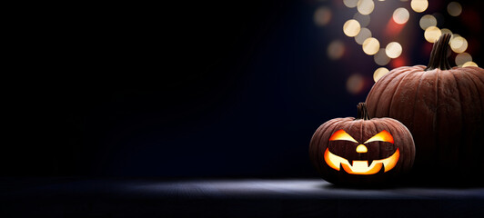 Two halloween lanterns with evil eyes and face on a wood table with a spooky dark blue background at night.