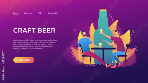 Craft beer landing page template. Two men with glasses drinking craft beer. Giant bottle background. Vector illustration for craft bar or pub