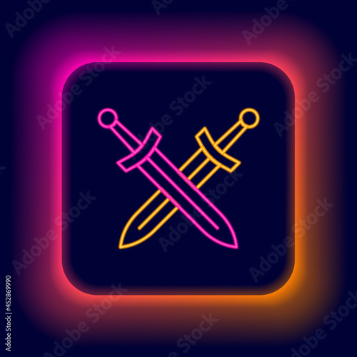 Glowing neon line Crossed medieval sword icon isolated on black background. Medieval weapon. Colorful outline concept. Vector
